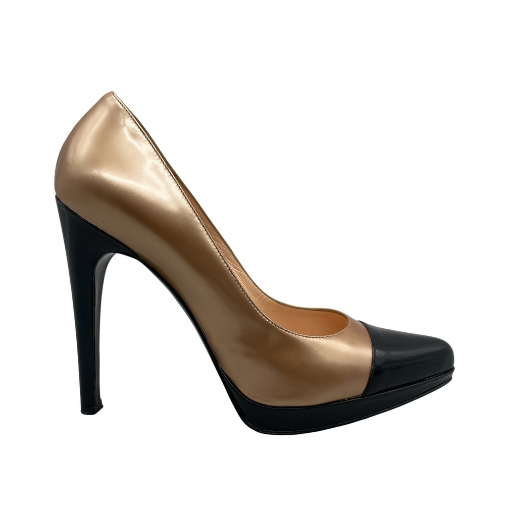 Casadei Womens 8.5 B Shimmer Gold Black Cap Toe Platform Stiletto Pumps Heels